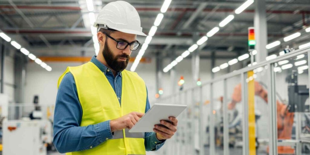 Engineering Trade Association Member Checking E&O Insurance on Tablet