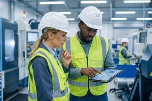 Engineers in Safety Vests and Hard Hats Discussing Project Blueprint on Digital Tablet