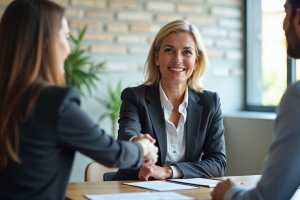 Smiling Insurance Agent Shaking Hand with Business Owners