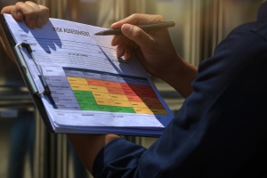 Businessman Conducting Business Risk Assessment with Clipboard and Safety Chart
