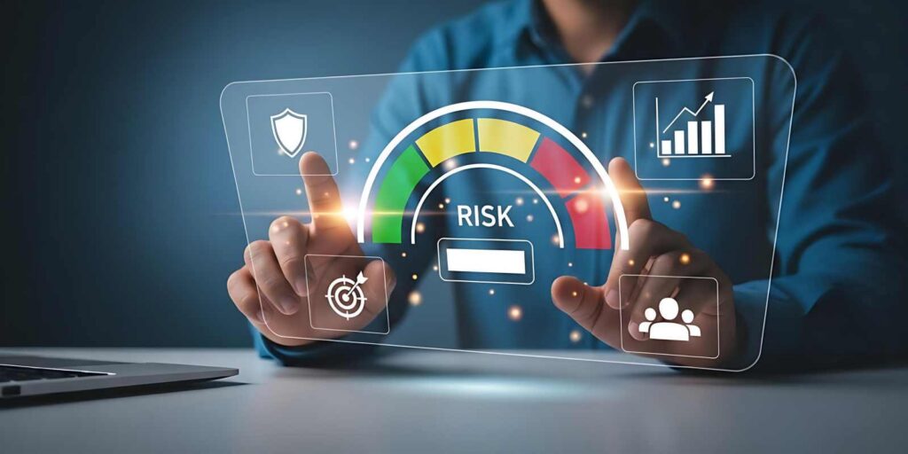 Person Interacting with Digital Risk Assessment Dashboard with Gauge Meter
