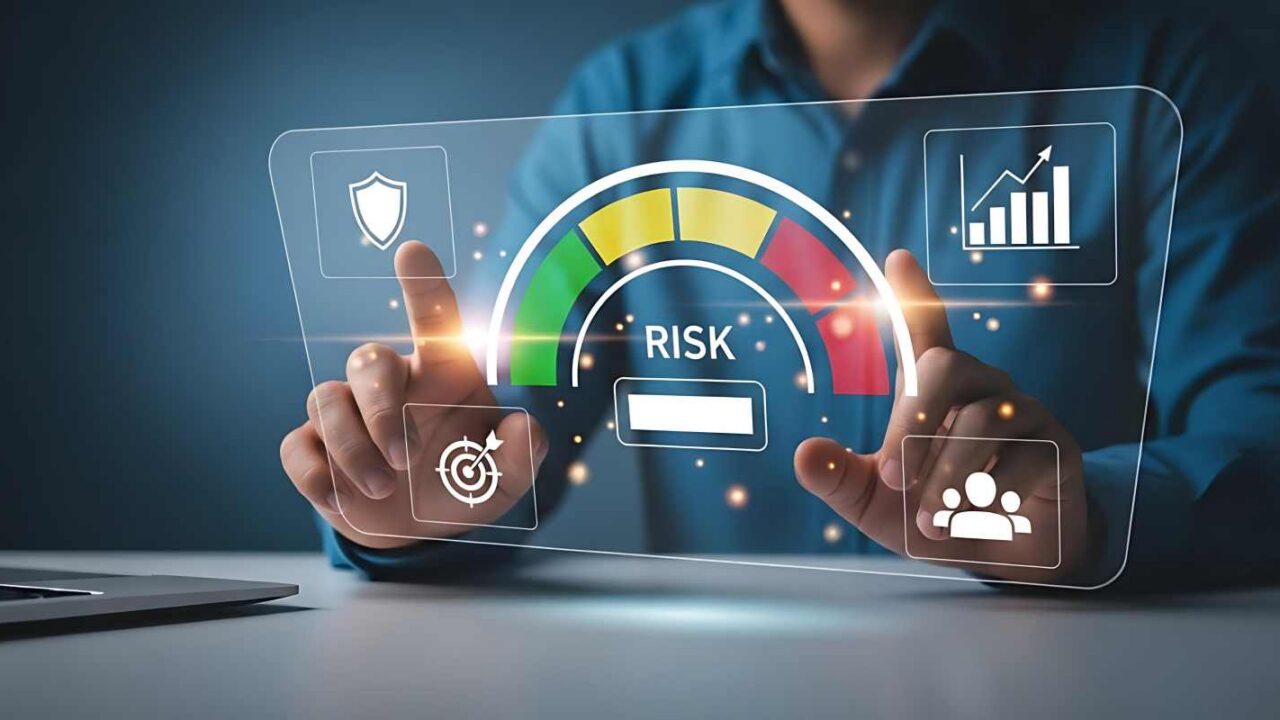 Person Interacting with Digital Risk Assessment Dashboard with Gauge Meter