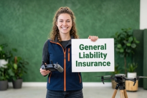 Drone Operator Holding Board with General Liability Insurance Text in Her Office