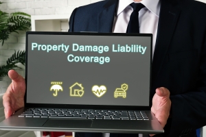 Person Showing Property Damage Liability Coverage Phrase on Laptop