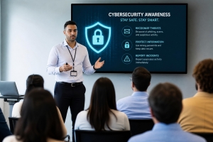 Cybersecurity Awareness Training Presentation in Professional Office Setting