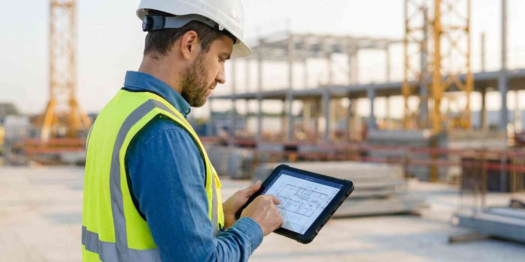 engineer on site looking at design plans on a tablet