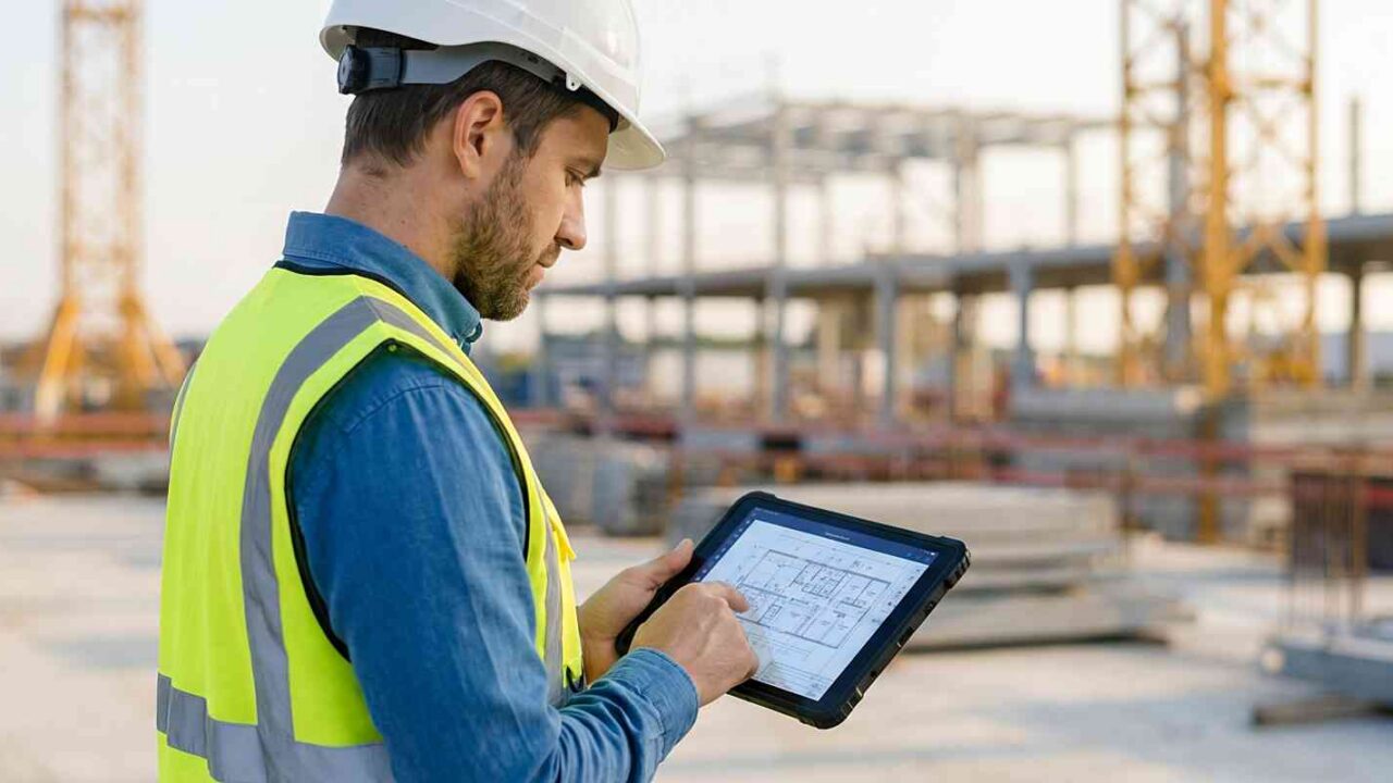 engineer on site looking at design plans on a tablet