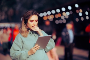 Event Planner is Worried After Reading Her Planning Errors on Tablet